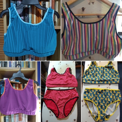 A gallery of five crop-top bras