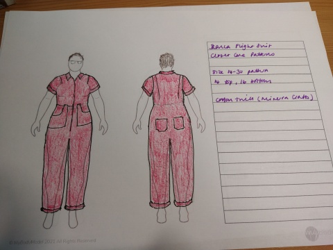 Back and front views of a figure wearing a dark red boiler suit