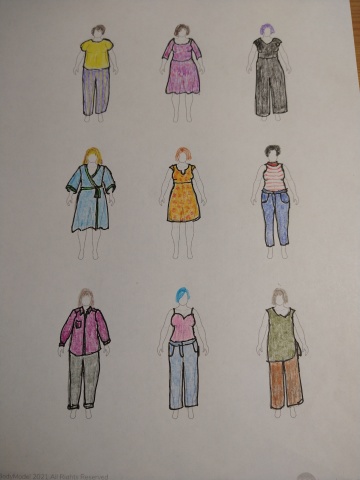 Nine small drawings of people in different outfits with various hairstyles.